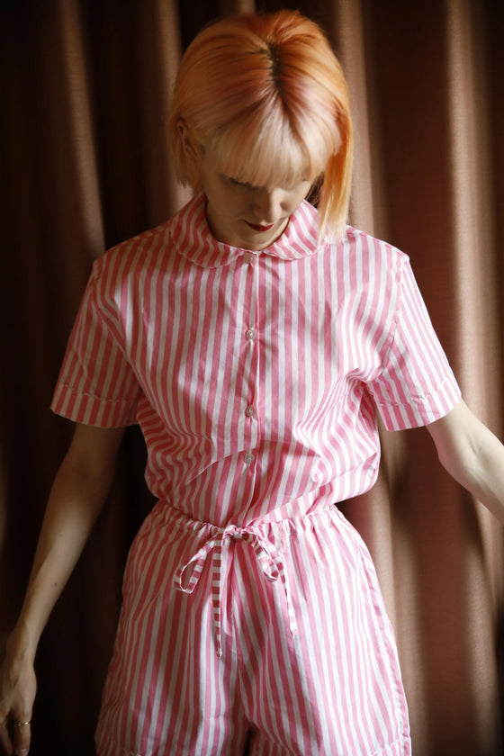 100% Cotton Poplin Pink and White Stripe Pyjamas With White Ric Rac Trim Sarah Brown London