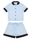 100% Cotton Poplin Pyjamas in Blue With Black Contrasting Collar and Cuffs With Ric Rac Trim Sarah Brown London