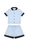 100% Cotton Poplin Pyjamas in Blue With Black Contrasting Collar and Cuffs With Ric Rac Trim Sarah Brown London