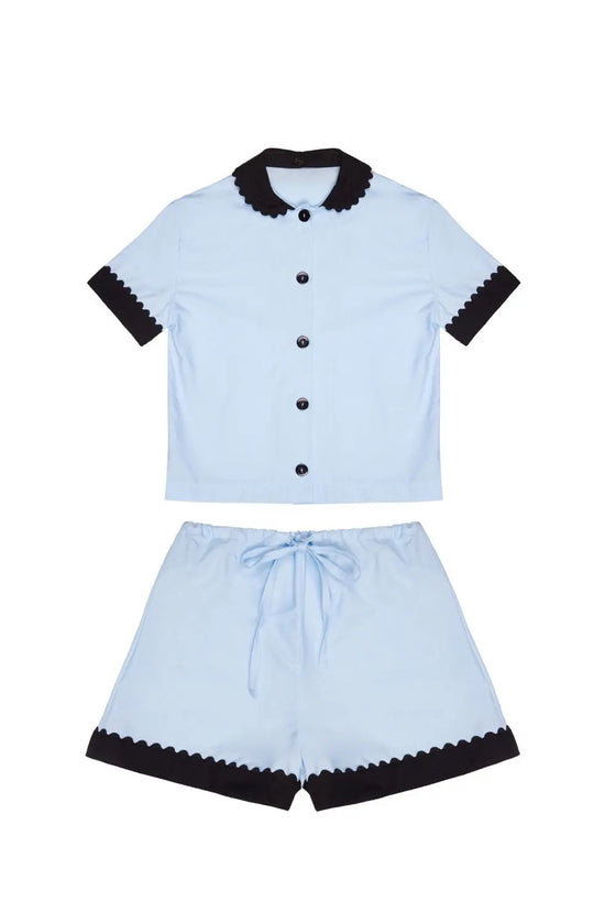 100% Cotton Poplin Pyjamas in Blue With Black Contrasting Collar and Cuffs With Ric Rac Trim Sarah Brown London