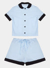 100% Cotton Poplin Pyjamas in Blue With Black Contrasting Collar and Cuffs With Ric Rac Trim Sarah Brown London