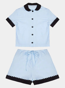  100% Cotton Poplin Pyjamas in Blue With Black Contrasting Collar and Cuffs With Ric Rac Trim Sarah Brown London