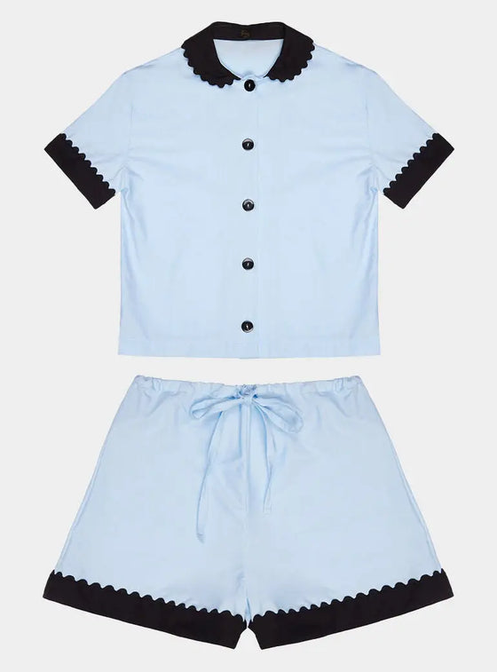 100% Cotton Poplin Pyjamas in Blue With Black Contrasting Collar and Cuffs With Ric Rac Trim Sarah Brown London