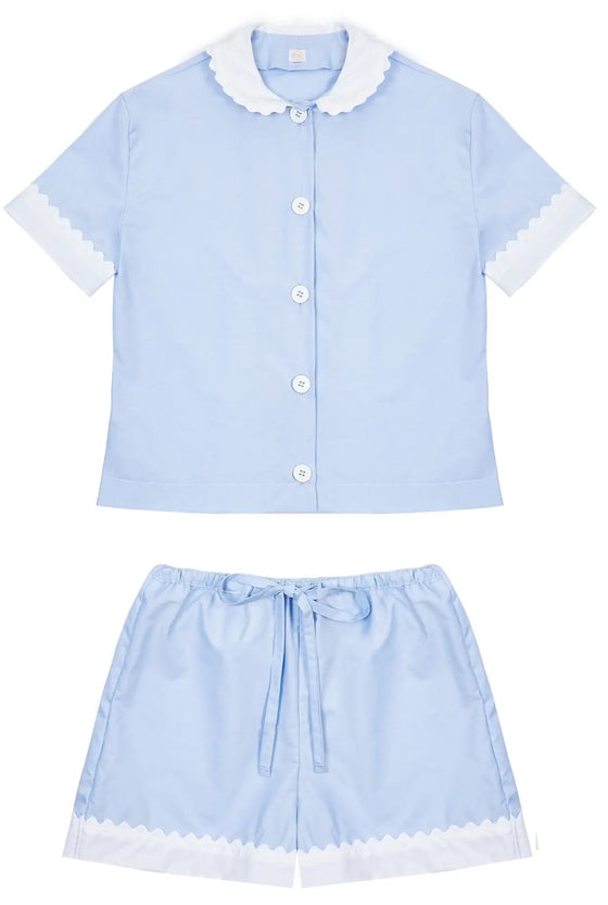 100% Cotton Poplin Pyjamas in Blue With White Contrasting Collar and Cuffs With Ric Rac Trim Sarah Brown London