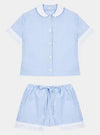 100% Cotton Poplin Pyjamas in Blue With White Contrasting Collar and Cuffs With Ric Rac Trim Sarah Brown London