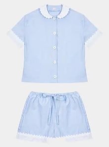  100% Cotton Poplin Pyjamas in Blue With White Contrasting Collar and Cuffs With Ric Rac Trim Sarah Brown London