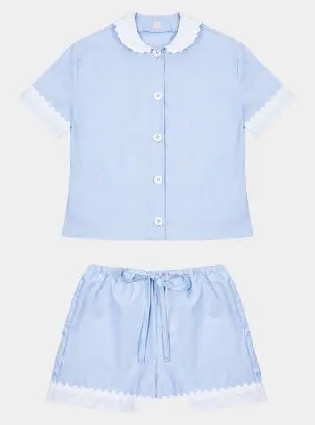 100% Cotton Poplin Pyjamas in Blue With White Contrasting Collar and Cuffs With Ric Rac Trim Sarah Brown London