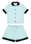 100% Cotton Poplin Pyjamas in Mint With Black Contrasting Collar and Cuffs With Ric Rac Trim Sarah Brown London