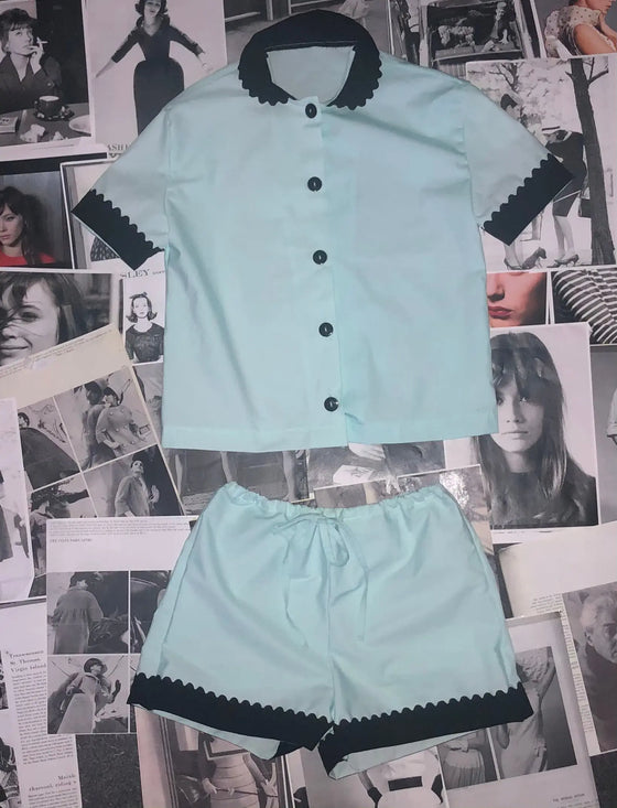 100% Cotton Poplin Pyjamas in Mint With Black Contrasting Collar and Cuffs With Ric Rac Trim Sarah Brown London