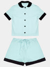 100% Cotton Poplin Pyjamas in Mint With Black Contrasting Collar and Cuffs With Ric Rac Trim Sarah Brown London