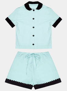  100% Cotton Poplin Pyjamas in Mint With Black Contrasting Collar and Cuffs With Ric Rac Trim Sarah Brown London