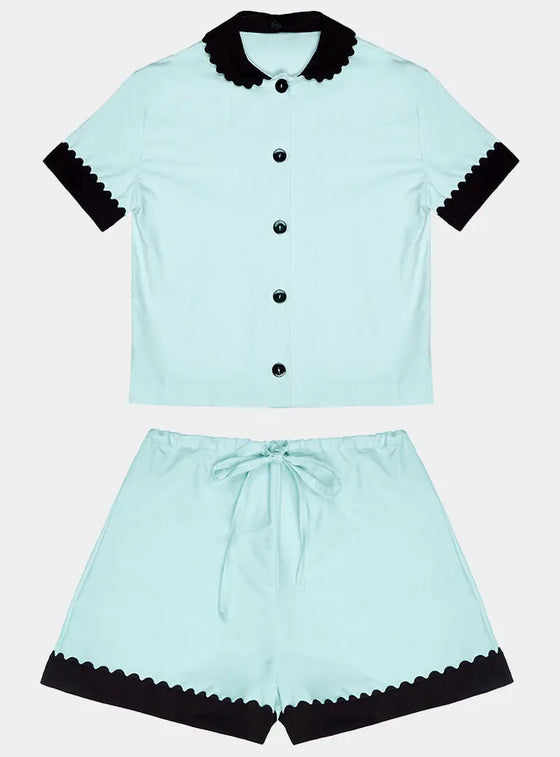 100% Cotton Poplin Pyjamas in Mint With Black Contrasting Collar and Cuffs With Ric Rac Trim Sarah Brown London