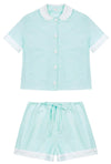 100% Cotton Poplin Pyjamas in Mint With White Contrasting Collar and Cuffs With Ric Rac Trim Sarah Brown London