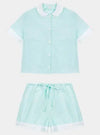 100% Cotton Poplin Pyjamas in Mint With White Contrasting Collar and Cuffs With Ric Rac Trim Sarah Brown London