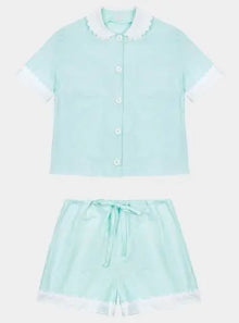  100% Cotton Poplin Pyjamas in Mint With White Contrasting Collar and Cuffs With Ric Rac Trim Sarah Brown London