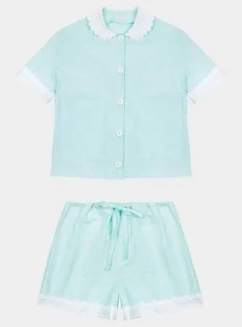 100% Cotton Poplin Pyjamas in Mint With White Contrasting Collar and Cuffs With Ric Rac Trim Sarah Brown London