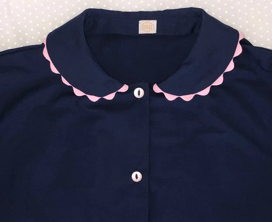 100% Cotton Poplin Pyjamas in Navy With Pink Contrasting Ric Rac Trim Sarah Brown London