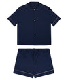 100% Cotton Poplin Pyjamas in Navy With Pink Contrasting Ric Rac Trim Sarah Brown London