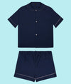 100% Cotton Poplin Pyjamas in Navy With Pink Contrasting Ric Rac Trim Sarah Brown London