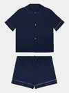 100% Cotton Poplin Pyjamas in Navy With Pink Contrasting Ric Rac Trim Sarah Brown London