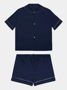  100% Cotton Poplin Pyjamas in Navy With Pink Contrasting Ric Rac Trim Sarah Brown London