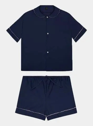 100% Cotton Poplin Pyjamas in Navy With Pink Contrasting Ric Rac Trim Sarah Brown London