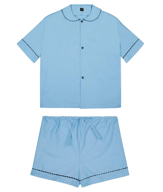 100% Cotton Poplin Pyjamas in Pastel Blue With Black Contrasting Ric Rac Trim Sarah Brown London