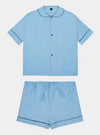 100% Cotton Poplin Pyjamas in Pastel Blue With Black Contrasting Ric Rac Trim Sarah Brown London