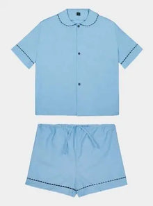  100% Cotton Poplin Pyjamas in Pastel Blue With Black Contrasting Ric Rac Trim Sarah Brown London