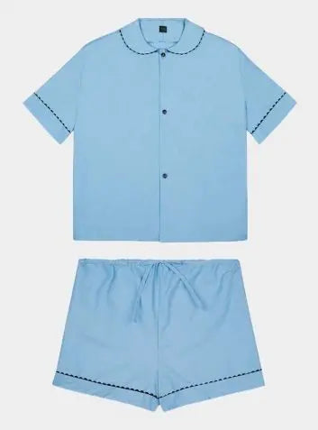 100% Cotton Poplin Pyjamas in Pastel Blue With Black Contrasting Ric Rac Trim Sarah Brown London