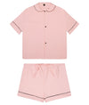 100% Cotton Poplin Pyjamas in Pastel Pink With Black Contrasting Ric Rac Trim Sarah Brown London