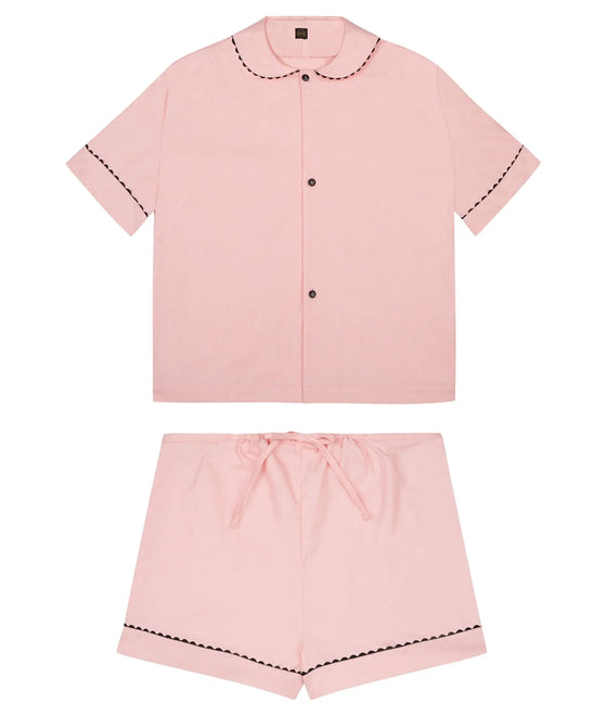 100% Cotton Poplin Pyjamas in Pastel Pink With Black Contrasting Ric Rac Trim Sarah Brown London