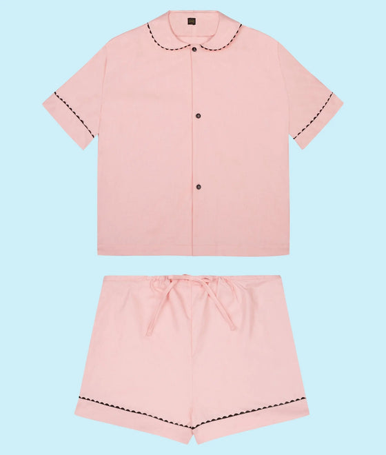 100% Cotton Poplin Pyjamas in Pastel Pink With Black Contrasting Ric Rac Trim Sarah Brown London