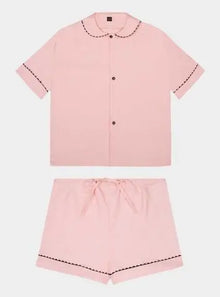  100% Cotton Poplin Pyjamas in Pastel Pink With Black Contrasting Ric Rac Trim Sarah Brown London