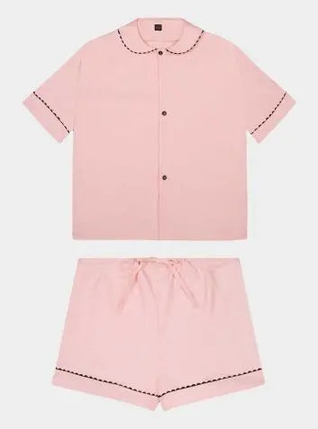 100% Cotton Poplin Pyjamas in Pastel Pink With Black Contrasting Ric Rac Trim Sarah Brown London