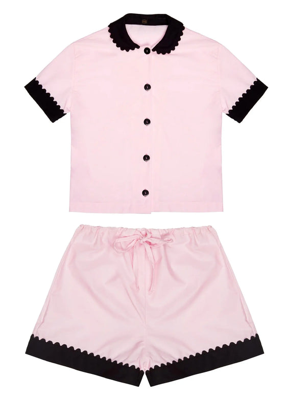 100% Cotton Poplin Pyjamas in Pink With Black Contrasting Collar and Cuffs With Ric Rac Trim Sarah Brown London