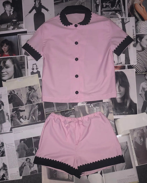 100% Cotton Poplin Pyjamas in Pink With Black Contrasting Collar and Cuffs With Ric Rac Trim Sarah Brown London