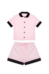 100% Cotton Poplin Pyjamas in Pink With Black Contrasting Collar and Cuffs With Ric Rac Trim Sarah Brown London