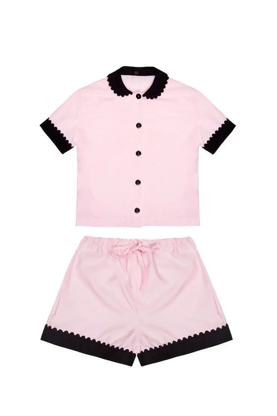 100% Cotton Poplin Pyjamas in Pink With Black Contrasting Collar and Cuffs With Ric Rac Trim Sarah Brown London