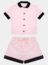 100% Cotton Poplin Pyjamas in Pink With Black Contrasting Collar and Cuffs With Ric Rac Trim Sarah Brown London