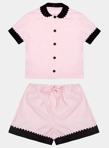  100% Cotton Poplin Pyjamas in Pink With Black Contrasting Collar and Cuffs With Ric Rac Trim Sarah Brown London