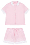 100% Cotton Poplin Pyjamas in Pink With White Contrasting Collar and Cuffs With Ric Rac Trim Sarah Brown London