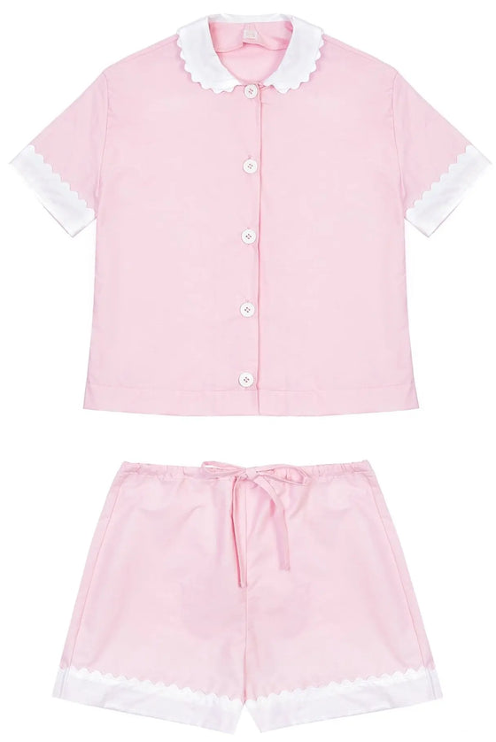 100% Cotton Poplin Pyjamas in Pink With White Contrasting Collar and Cuffs With Ric Rac Trim Sarah Brown London