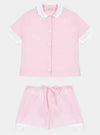 100% Cotton Poplin Pyjamas in Pink With White Contrasting Collar and Cuffs With Ric Rac Trim Sarah Brown London