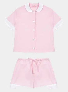  100% Cotton Poplin Pyjamas in Pink With White Contrasting Collar and Cuffs With Ric Rac Trim Sarah Brown London