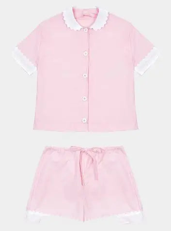 100% Cotton Poplin Pyjamas in Pink With White Contrasting Collar and Cuffs With Ric Rac Trim Sarah Brown London