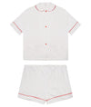 100% Cotton Poplin Pyjamas in White With Red Contrasting Ric Rac Trim Sarah Brown London