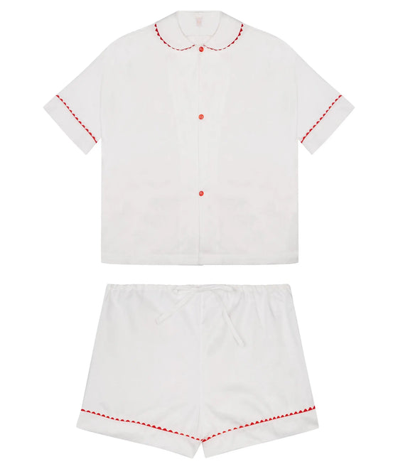 100% Cotton Poplin Pyjamas in White With Red Contrasting Ric Rac Trim Sarah Brown London