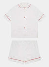 100% Cotton Poplin Pyjamas in White With Red Contrasting Ric Rac Trim Sarah Brown London