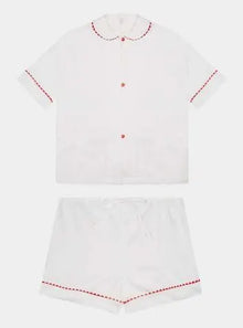  100% Cotton Poplin Pyjamas in White With Red Contrasting Ric Rac Trim Sarah Brown London